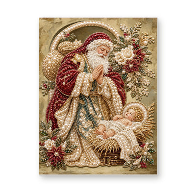 Straight dimensional white-background mockup of the complete artwork — Santa Kneeling at the Manger. Pearl diamond painting DIY kit by Isuvio.