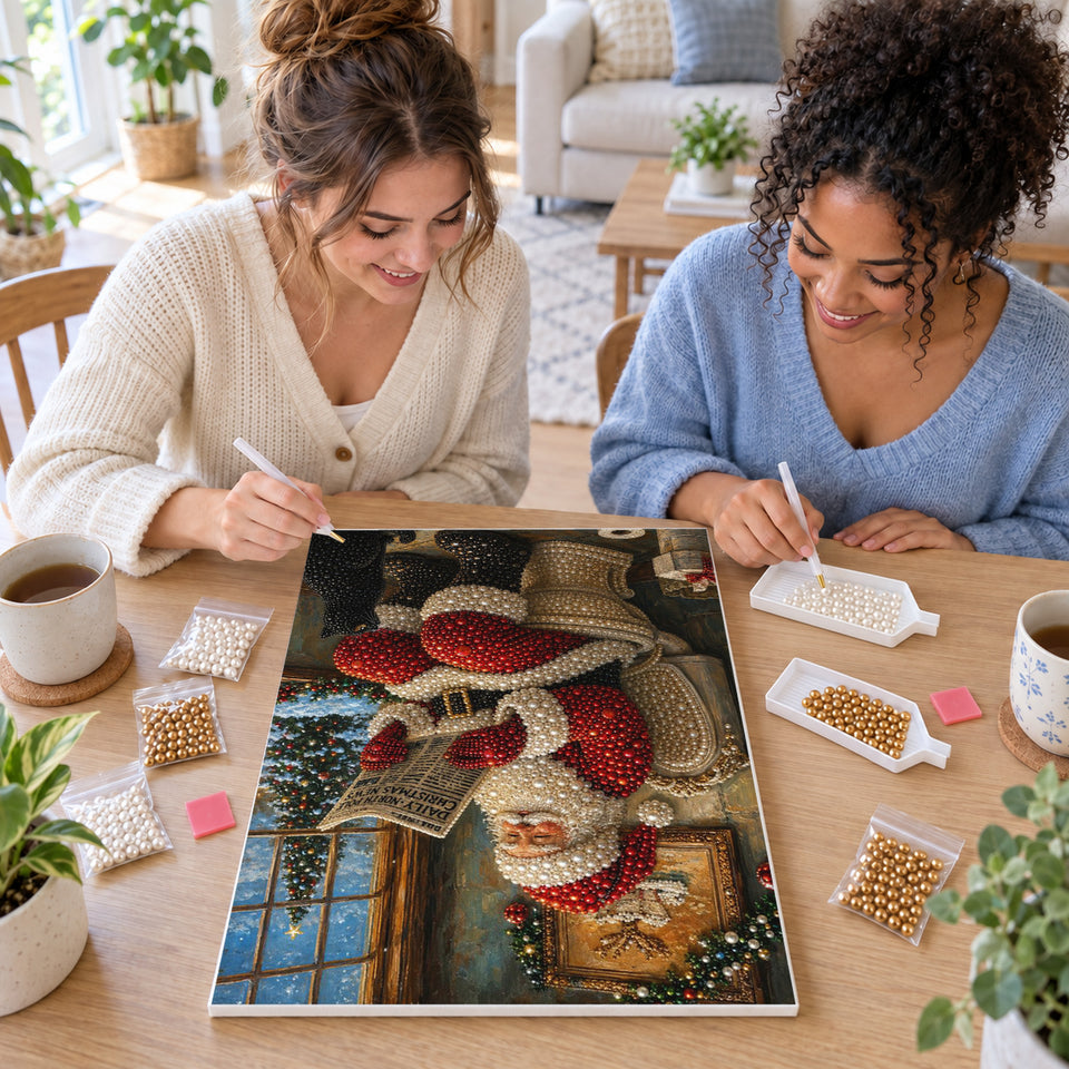 Two friends creating one shared Pearl artwork — Santa Reading the Christmas News in the Bathroom. Pearl diamond painting DIY kit by Isuvio.