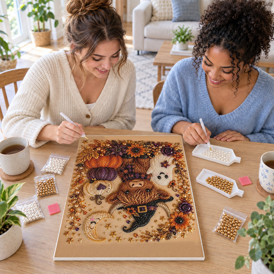Two friends creating one shared Pearl artwork — Highland Cow Witch with a Ghost and Pumpkins. Pearl diamond painting DIY kit by Isuvio.