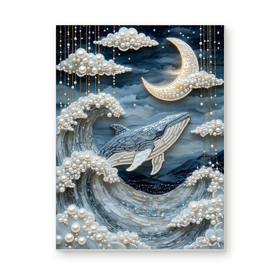 Straight dimensional white-background mockup of the complete artwork — Whale Rising Through Moonlit Pearl Waves. Pearl diamond painting DIY kit by Isuvio.