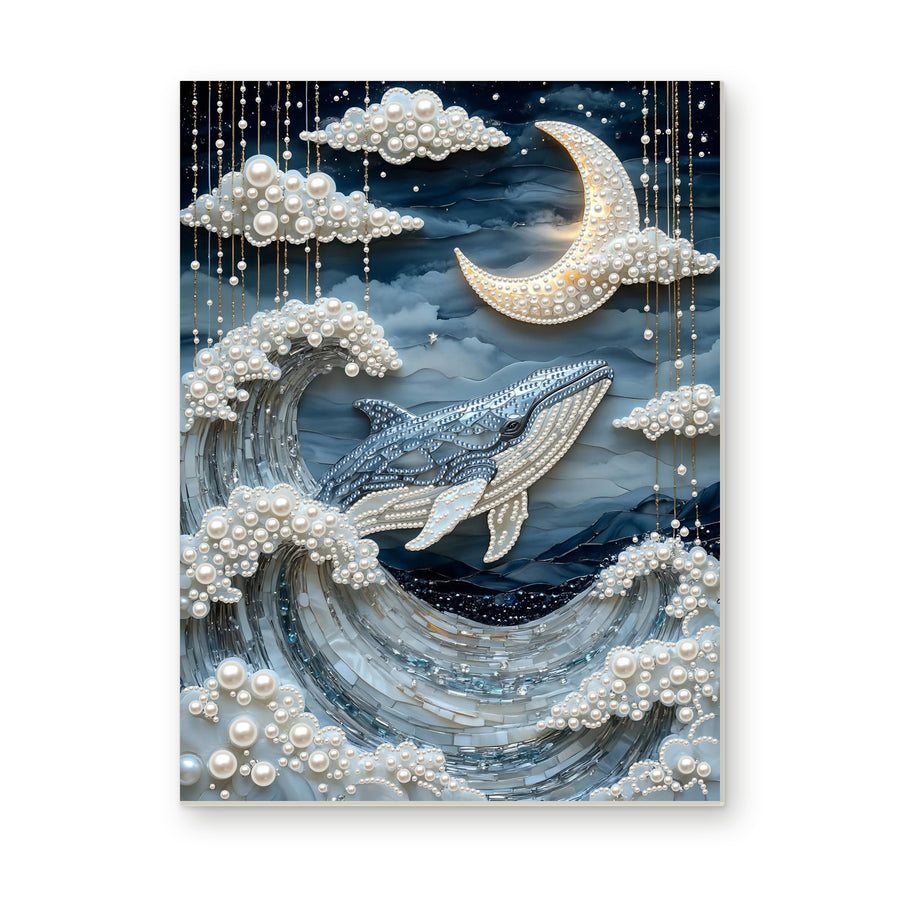 Straight dimensional white-background mockup of the complete artwork — Whale Rising Through Moonlit Pearl Waves. Pearl diamond painting DIY kit by Isuvio.