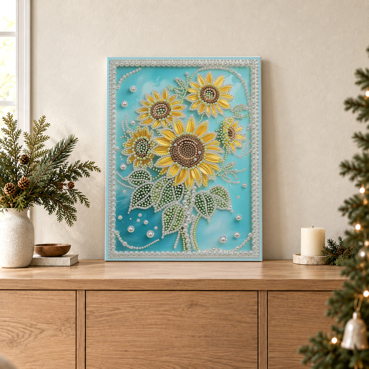 Goldene Sonnenblumen auf türkisfarbenem Perlenhintergrund