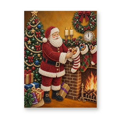 Straight dimensional white-background mockup of the complete artwork — Santa Filling Stockings Beside the Fireplace. Pearl diamond painting DIY kit by Isuvio.