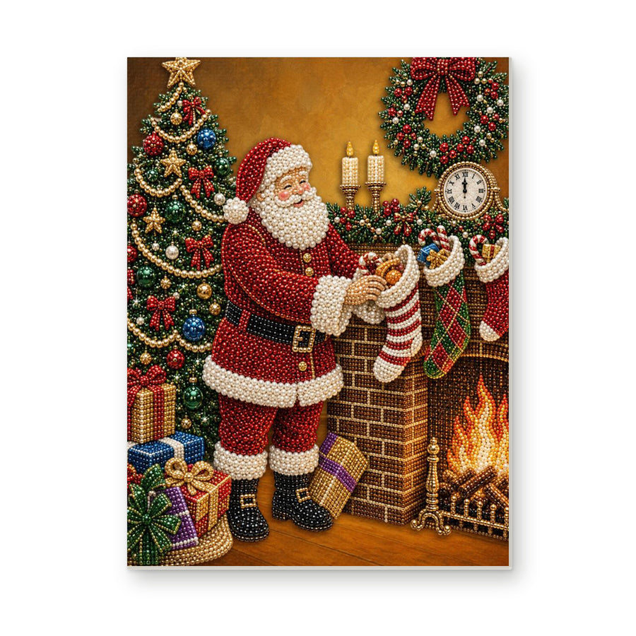 Straight dimensional white-background mockup of the complete artwork — Santa Filling Stockings Beside the Fireplace. Pearl diamond painting DIY kit by Isuvio.