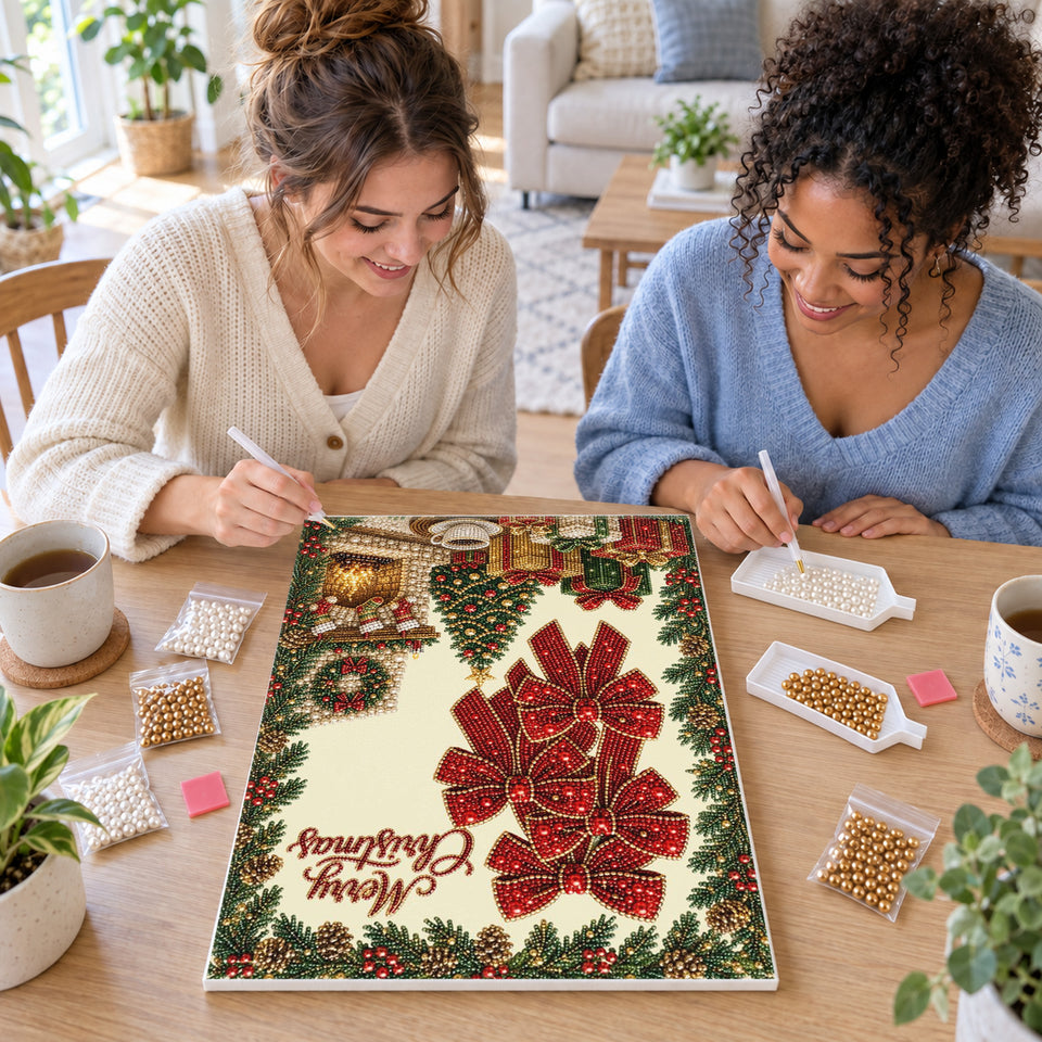 Two friends creating one shared Pearl artwork — Christmas Bows and Cozy Fireplace. Pearl diamond painting DIY kit by Isuvio.