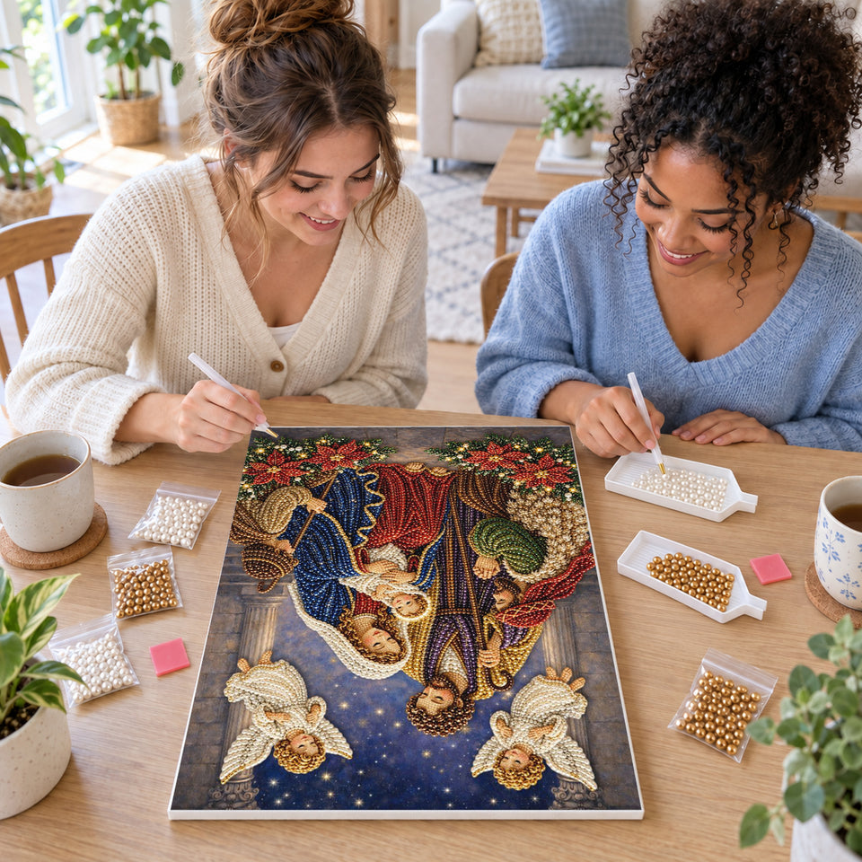 Two friends creating one shared Pearl artwork — Nativity with Shepherds and Two Angels. Pearl diamond painting DIY kit by Isuvio.