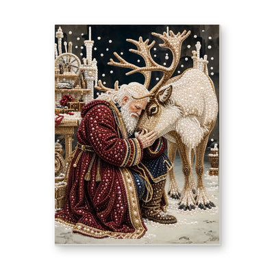 Straight, dimensional white-background mockup — Santa Embracing the White Reindeer, Pearl diamond painting DIY kit.