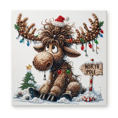 Straight dimensional white-background mockup of the complete artwork — Christmas Moose at the North Pole. Pearl diamond painting DIY kit by Isuvio.