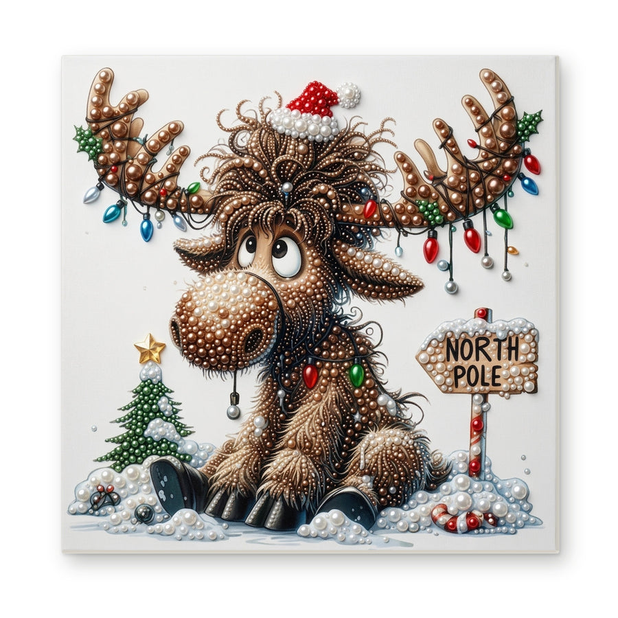 Straight dimensional white-background mockup of the complete artwork — Christmas Moose at the North Pole. Pearl diamond painting DIY kit by Isuvio.