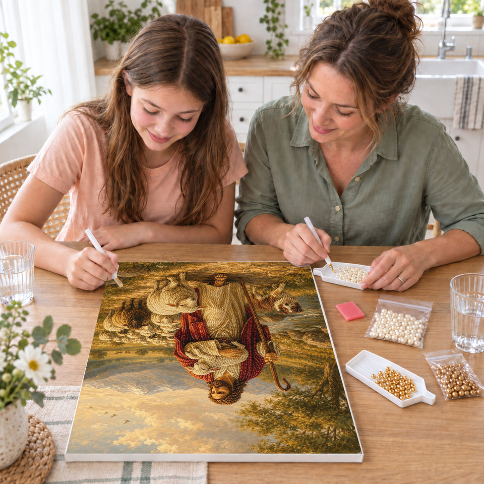 Mother and daughter creating one shared Pearl artwork — Jesus the Good Shepherd with a Lamb. Pearl diamond painting DIY kit by Isuvio.
