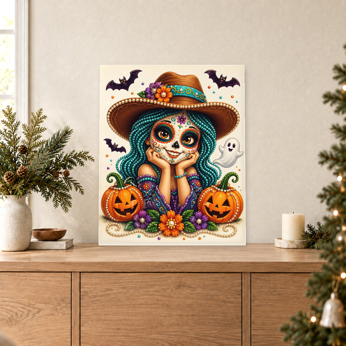 Teal-Haired Sugar Skull Girl with Pumpkins