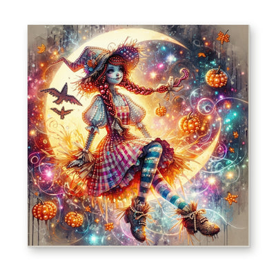 Straight dimensional white-background mockup of the complete artwork — Patchwork Witch on a Glowing Crescent Moon. Pearl diamond painting DIY kit by Isuvio.