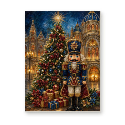 Straight dimensional white-background mockup of the complete artwork — Blue Nutcracker in a Christmas Cathedral Square. Pearl diamond painting DIY kit by Isuvio.