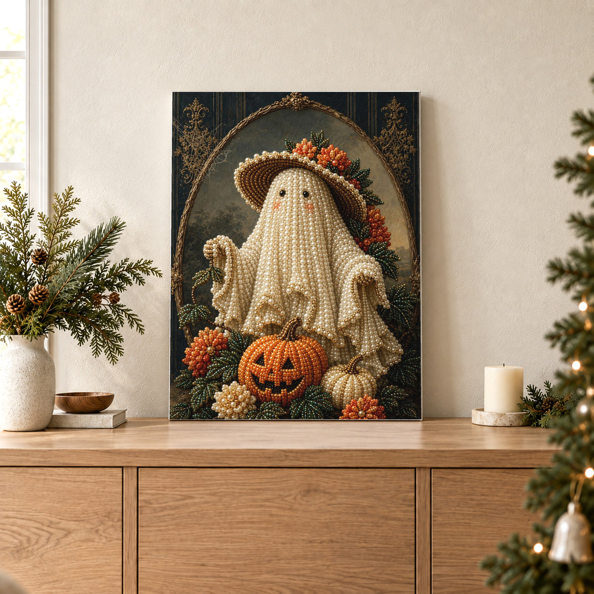Fantasma del raccolto con cappello di paglia decorato con fiori