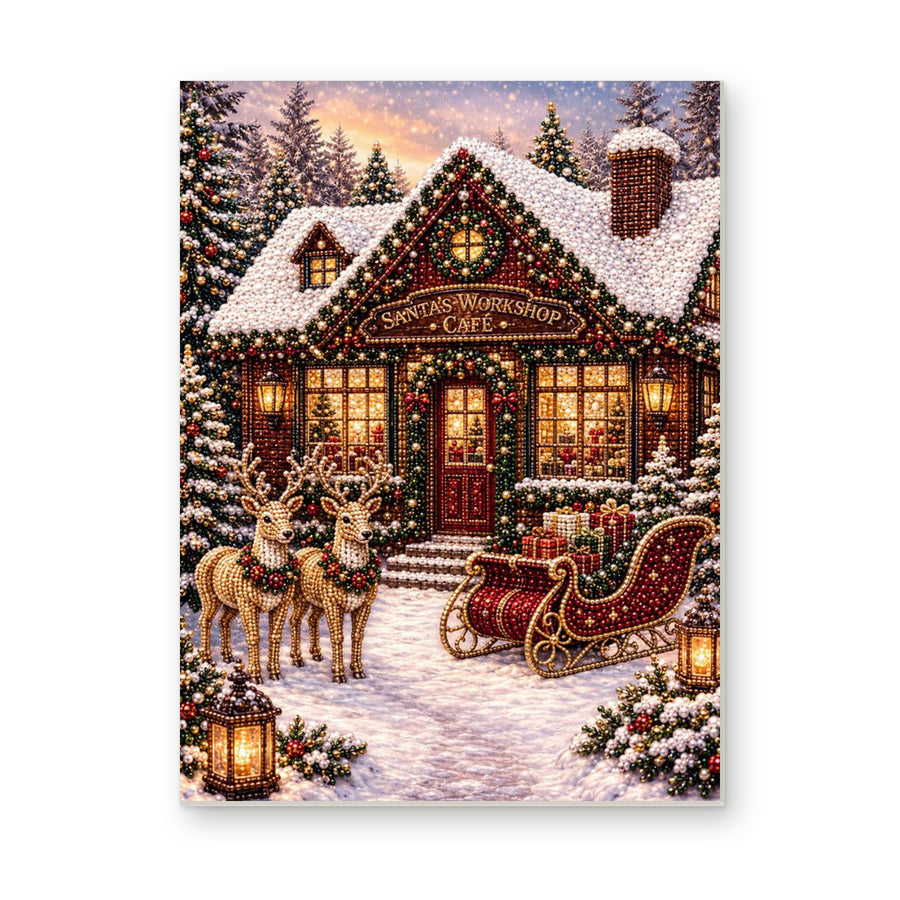 Straight dimensional white-background mockup of the complete artwork — Snowy Christmas Shop with Reindeer and Sleigh. Pearl diamond painting DIY kit by Isuvio.