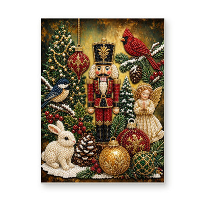 Straight dimensional white-background mockup of the complete artwork — Christmas Nutcracker with a Cardinal and Rabbit. Pearl diamond painting DIY kit by Isuvio.