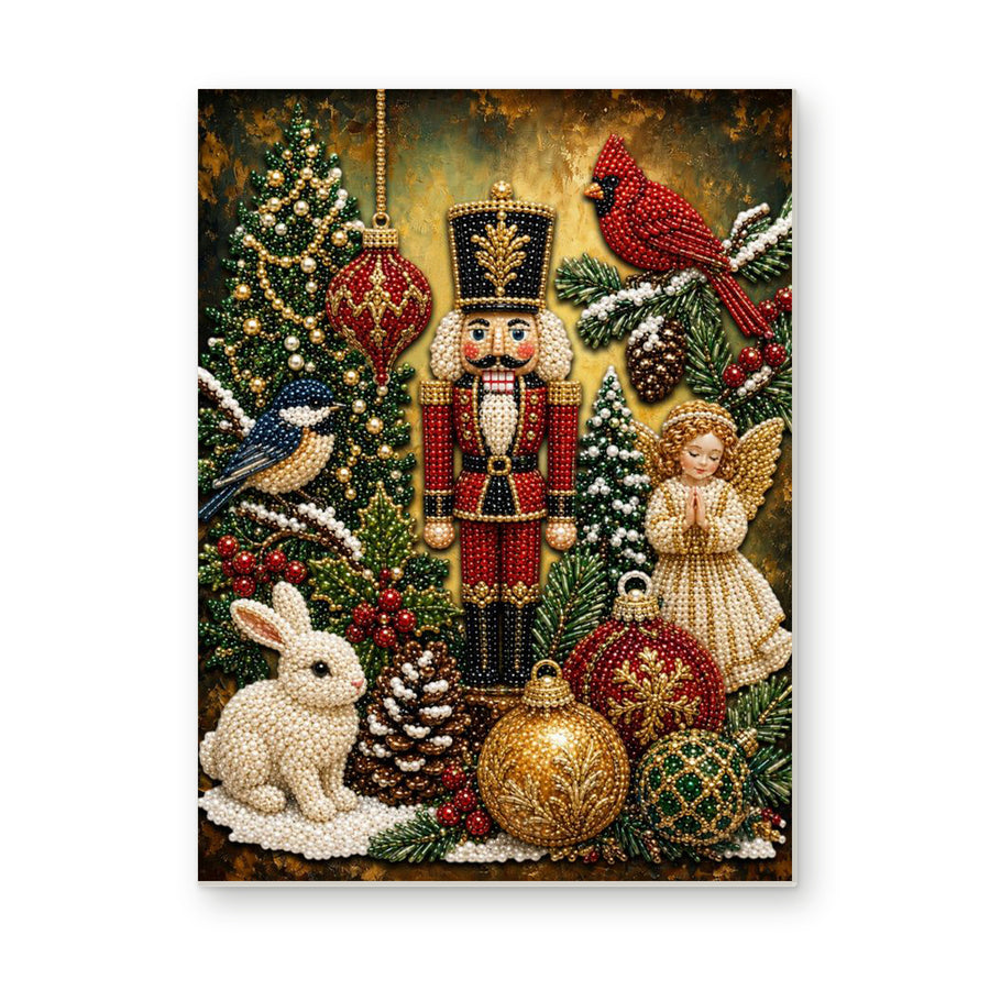 Straight dimensional white-background mockup of the complete artwork — Christmas Nutcracker with a Cardinal and Rabbit. Pearl diamond painting DIY kit by Isuvio.