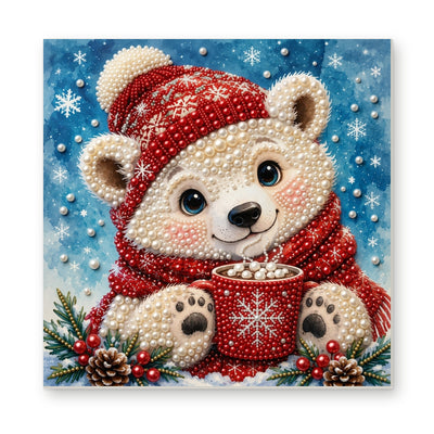 Straight dimensional white-background mockup of the complete artwork — Polar Bear Cub with a Red Cocoa Mug. Pearl diamond painting DIY kit by Isuvio.
