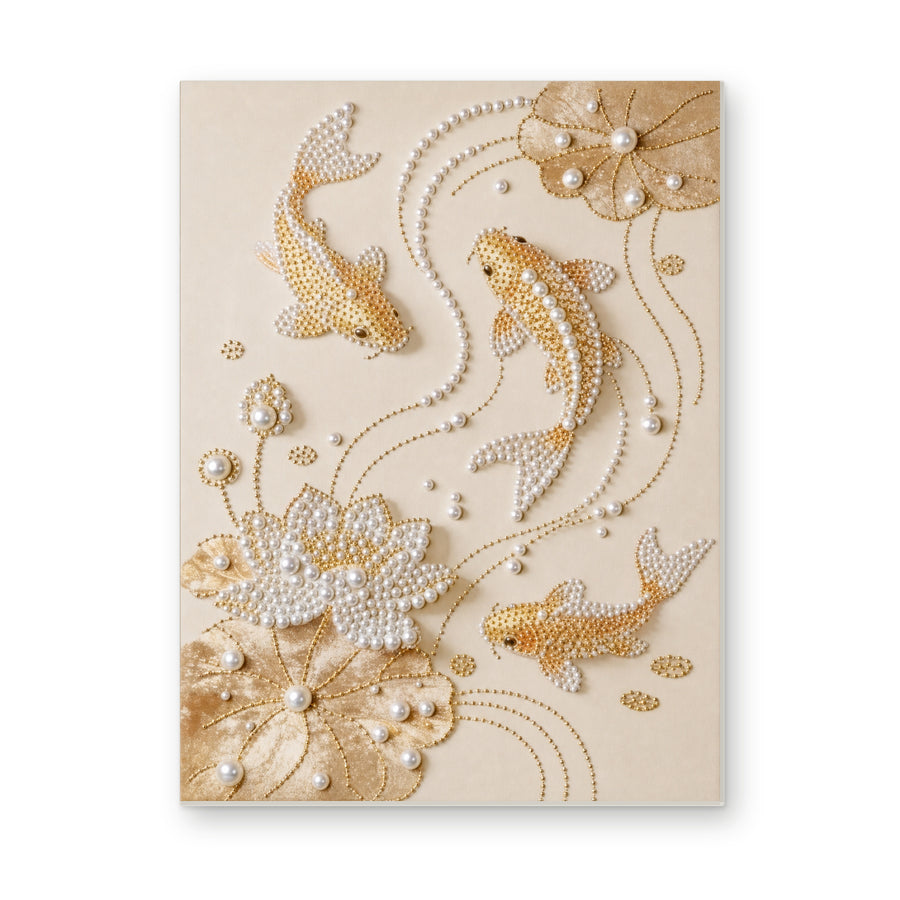 Straight dimensional white-background mockup of the complete artwork — Golden Koi and Pearl Lotus. Pearl diamond painting DIY kit by Isuvio.