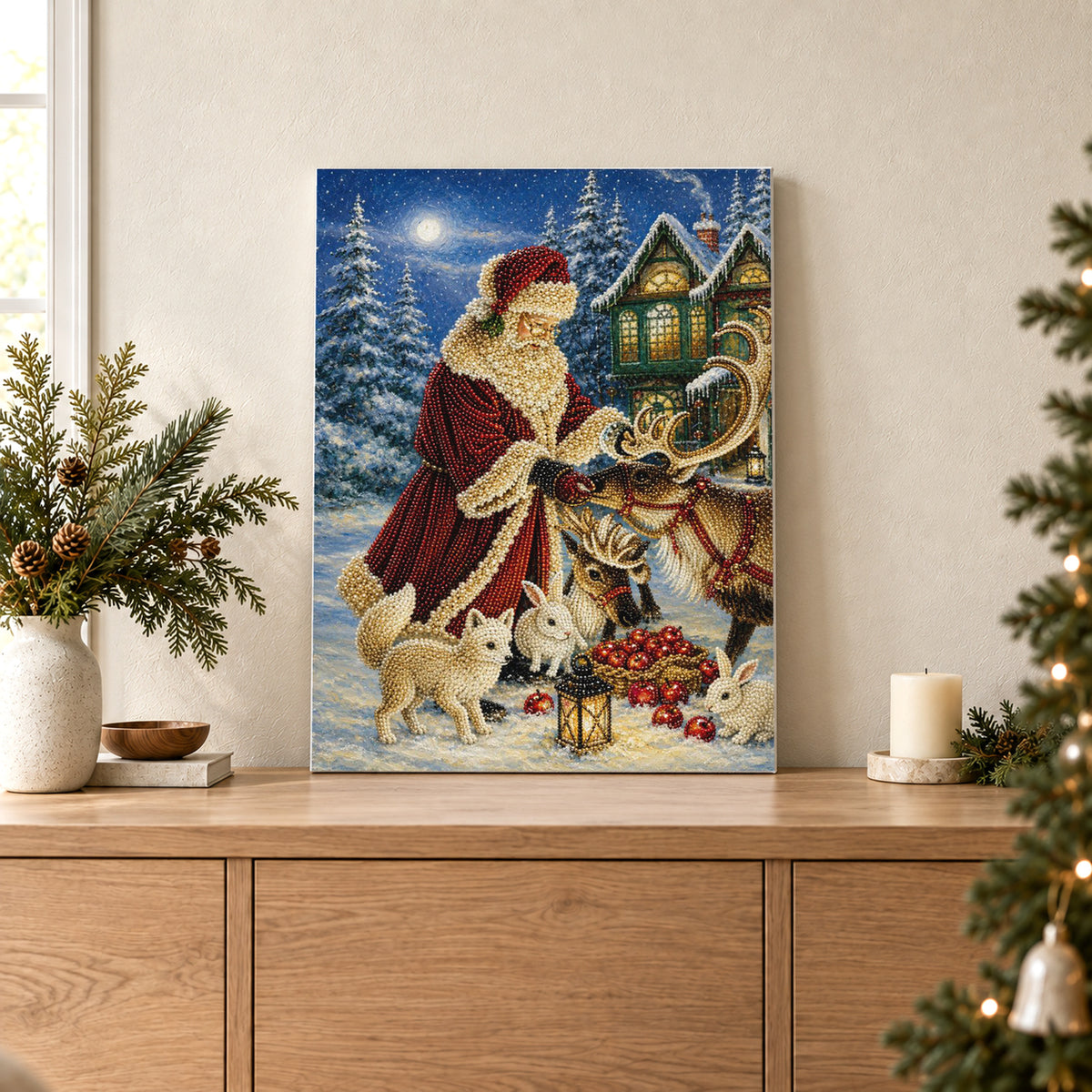 Papá Noel con un reno y conejos junto a una casa nevada