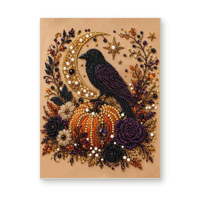 Straight dimensional white-background mockup of the complete artwork — Raven Moon and Autumn Pumpkins. Pearl diamond painting DIY kit by Isuvio.