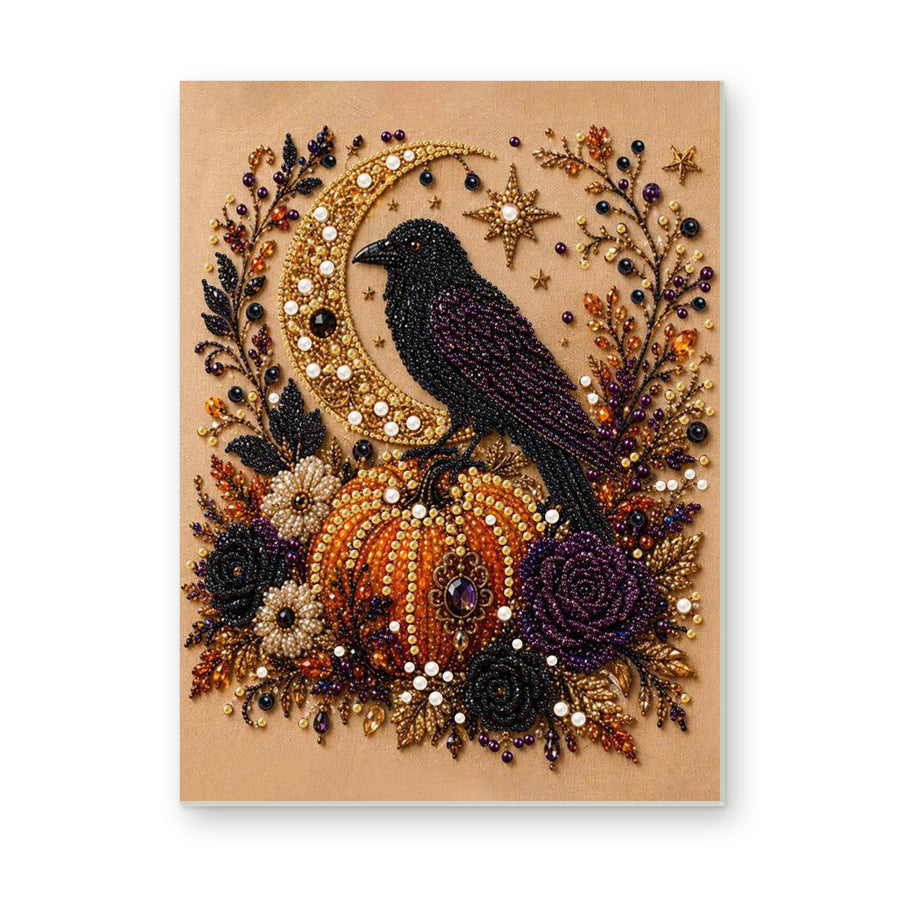 Straight dimensional white-background mockup of the complete artwork — Raven Moon and Autumn Pumpkins. Pearl diamond painting DIY kit by Isuvio.
