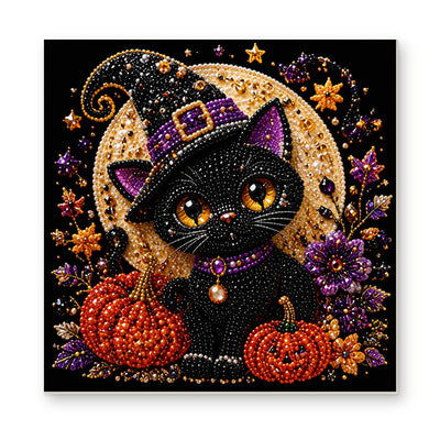 Straight dimensional white-background mockup of the complete artwork — Black Witch Kitten beneath a Golden Moon. Pearl diamond painting DIY kit by Isuvio.