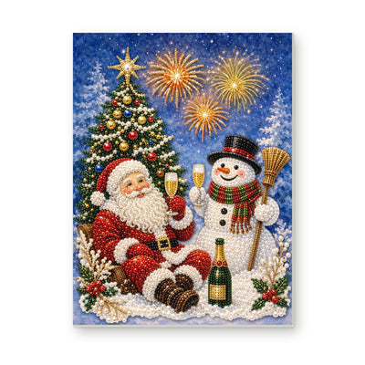 Straight dimensional white-background mockup of the complete artwork — Santa and Snowman Celebrating Under Fireworks. Pearl diamond painting DIY kit by Isuvio.