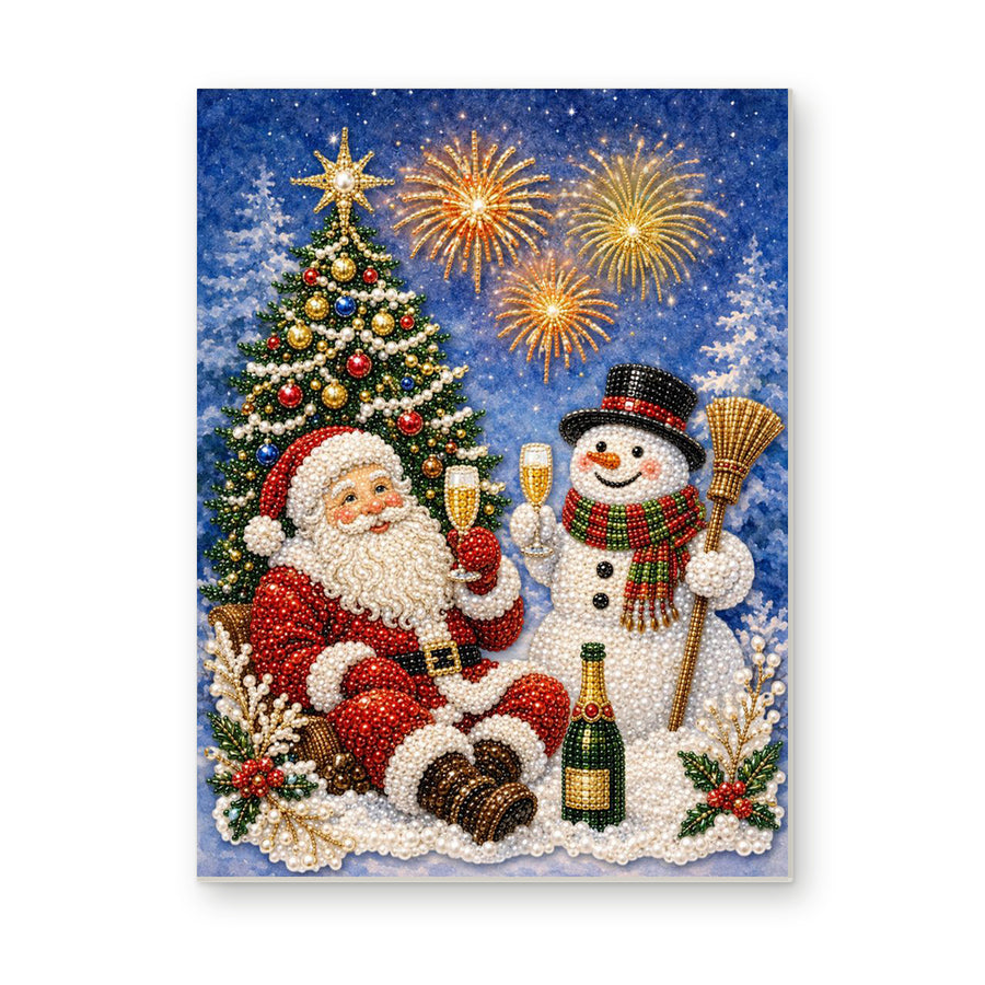 Straight dimensional white-background mockup of the complete artwork — Santa and Snowman Celebrating Under Fireworks. Pearl diamond painting DIY kit by Isuvio.