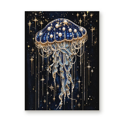 Straight dimensional white-background mockup of the complete artwork — Blue Jellyfish Beneath Golden Stars. Pearl diamond painting DIY kit by Isuvio.