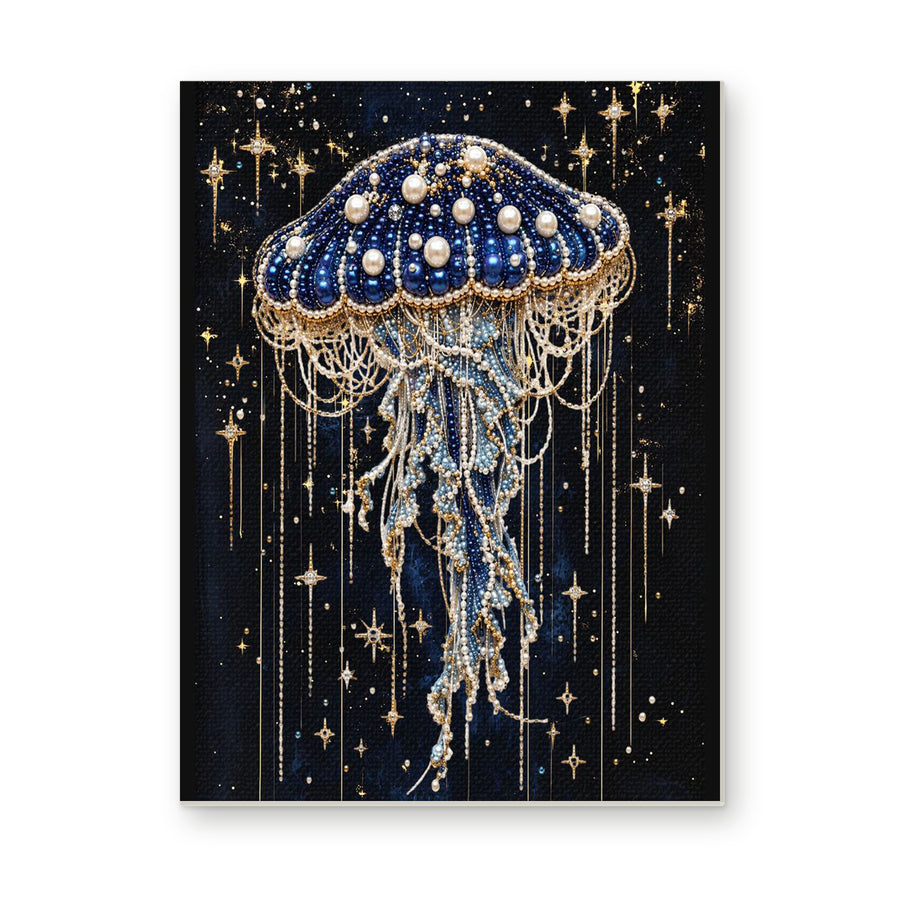 Straight dimensional white-background mockup of the complete artwork — Blue Jellyfish Beneath Golden Stars. Pearl diamond painting DIY kit by Isuvio.