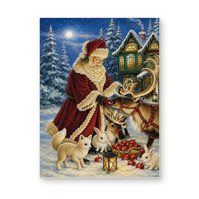 Straight dimensional white-background mockup of the complete artwork — Santa with Reindeer and Rabbits by a Snowy House. Pearl diamond painting DIY kit by Isuvio.