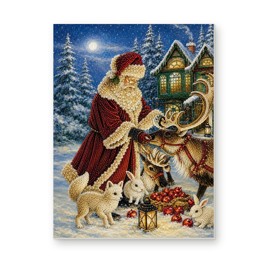 Straight dimensional white-background mockup of the complete artwork — Santa with Reindeer and Rabbits by a Snowy House. Pearl diamond painting DIY kit by Isuvio.