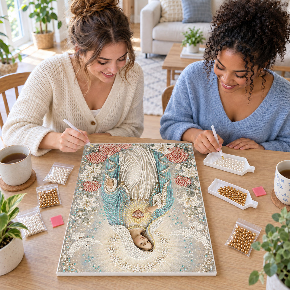 Two friends creating one shared Pearl artwork — Our Lady of the White Roses. Pearl diamond painting DIY kit by Isuvio.