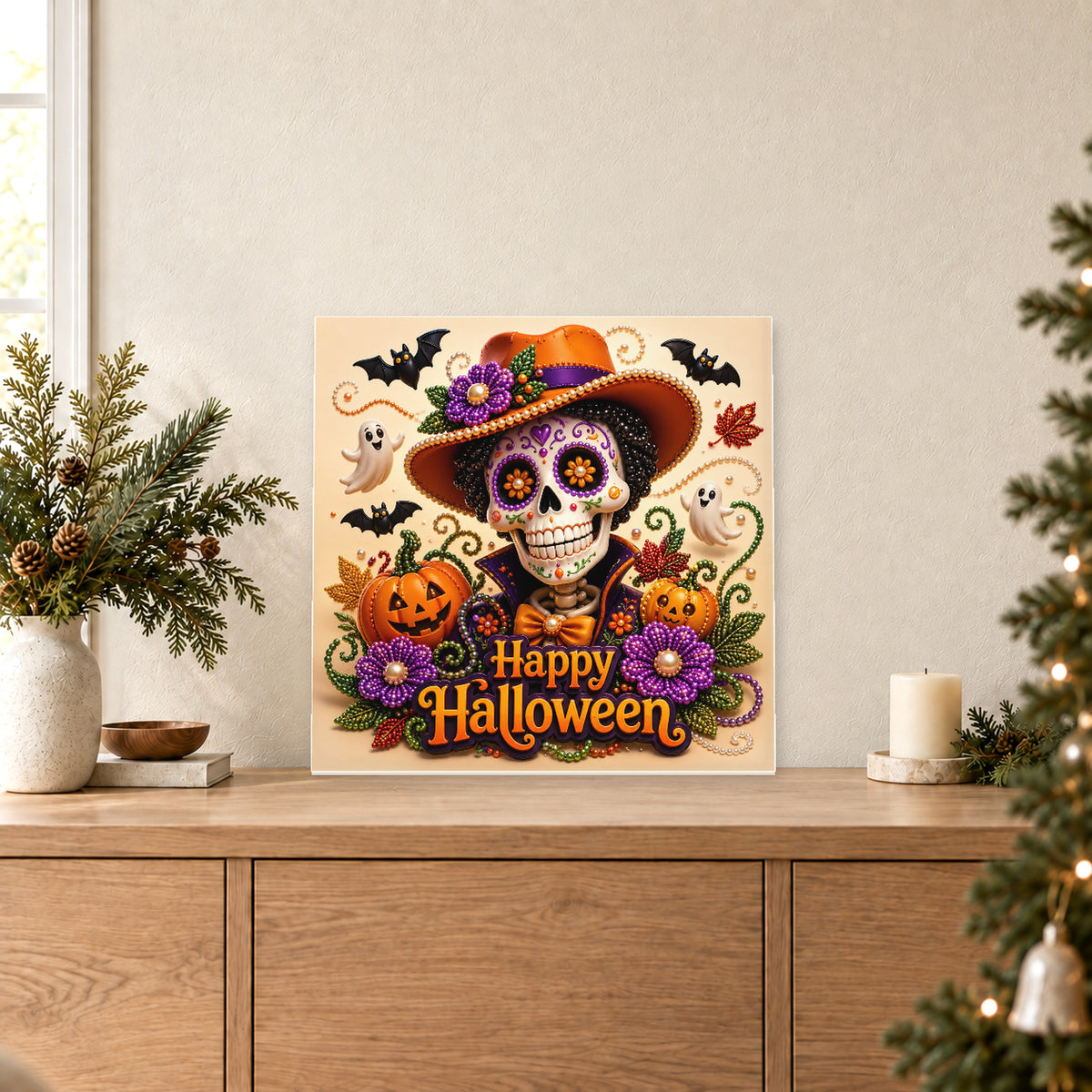 Esqueleto con sombrero naranja y Happy Halloween