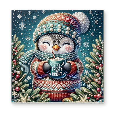 Straight dimensional white-background mockup of the complete artwork — Stay Frosty Penguin with a Cocoa Mug. Pearl diamond painting DIY kit by Isuvio.