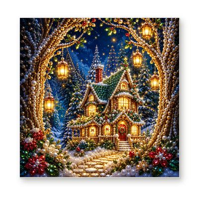 Straight dimensional white-background mockup of the complete artwork — Christmas Cottage Beneath a Glowing Woodland Arch. Pearl diamond painting DIY kit by Isuvio.