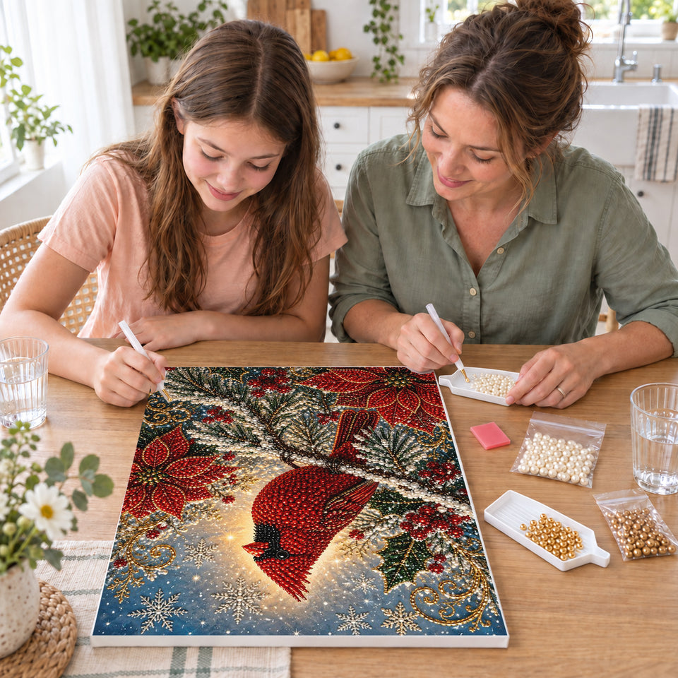 Mother and daughter creating one shared Pearl artwork — Red Cardinal Among Poinsettias and Snowy Branches. Pearl diamond painting DIY kit by Isuvio.