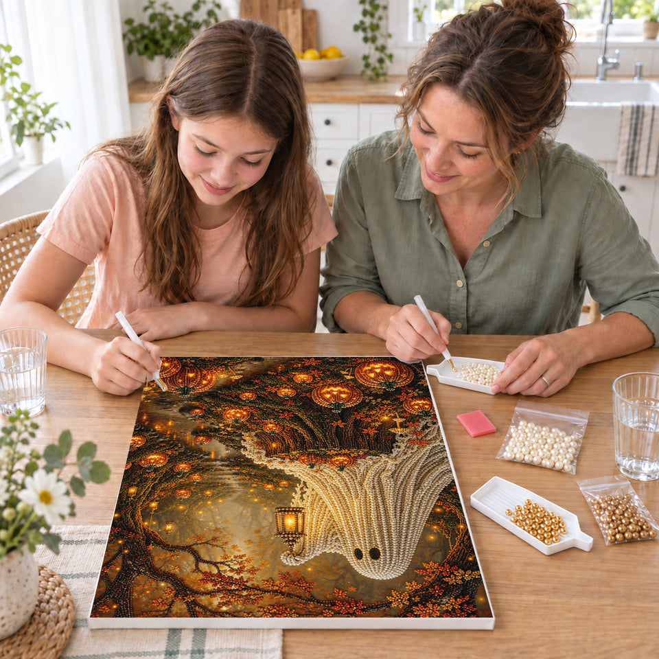 Mother and daughter creating one shared Pearl artwork — Forest Ghost with a Lantern and Glowing Pumpkins. Pearl diamond painting DIY kit by Isuvio.