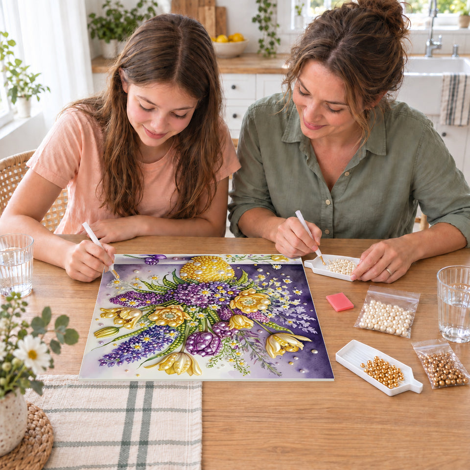 Mother and daughter creating one shared Pearl artwork — Yellow and Purple Flowers in a Pearl Vase. Pearl diamond painting DIY kit by Isuvio.
