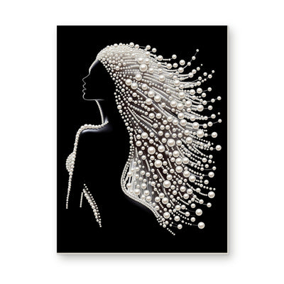 Straight dimensional white-background mockup of the complete artwork — Woman in Profile with Flowing White Pearl Hair. Pearl diamond painting DIY kit by Isuvio.