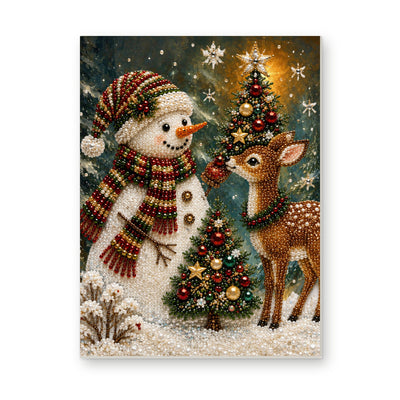 Straight dimensional white-background mockup of the complete artwork — Snowman and Reindeer Christmas Friends. Pearl diamond painting DIY kit by Isuvio.