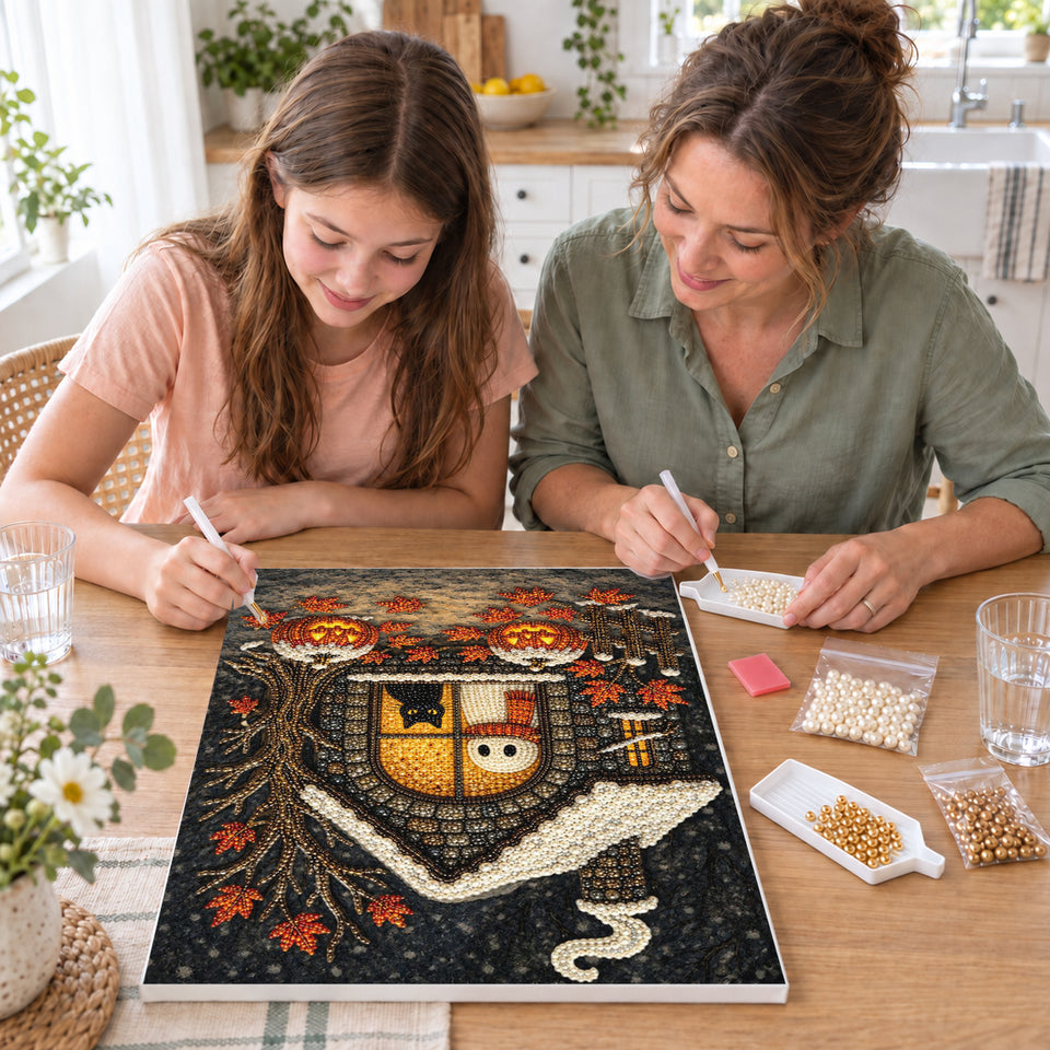 Mother and daughter creating one shared Pearl artwork — Ghost and Black Cat in a Cozy Cottage Window. Pearl diamond painting DIY kit by Isuvio.