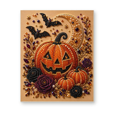 Straight dimensional white-background mockup of the complete artwork — Grinning Jack-o'-Lantern with Bats and Dark Roses. Pearl diamond painting DIY kit by Isuvio.
