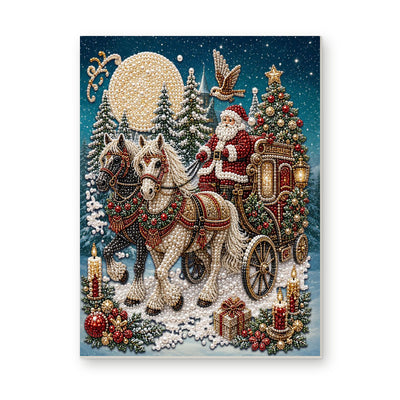 Straight dimensional white-background mockup of the complete artwork — Santa in a Horse-Drawn Christmas Carriage. Pearl diamond painting DIY kit by Isuvio.