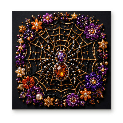 Straight dimensional white-background mockup of the complete artwork — Jeweled Spider on a Floral Web. Pearl diamond painting DIY kit by Isuvio.