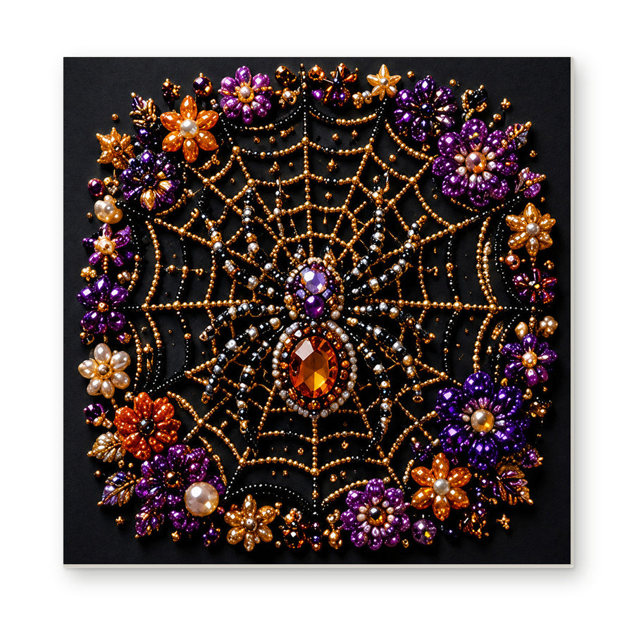 Straight dimensional white-background mockup of the complete artwork — Jeweled Spider on a Floral Web. Pearl diamond painting DIY kit by Isuvio.