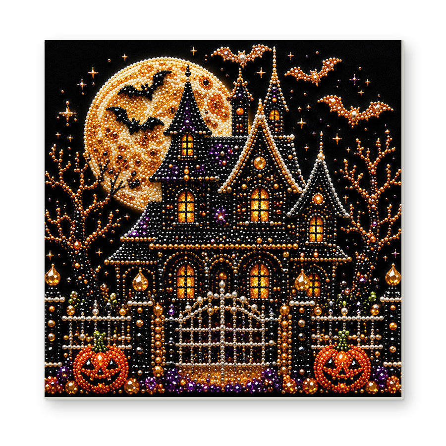 Straight dimensional white-background mockup of the complete artwork — Golden Moon Haunted Mansion. Pearl diamond painting DIY kit by Isuvio.