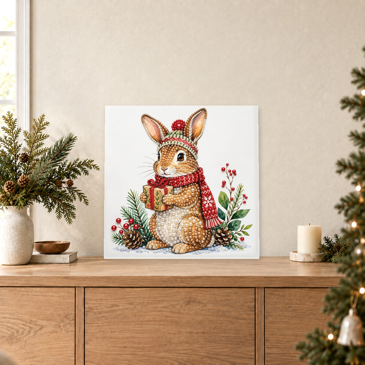 Conejo navideño con regalo verde