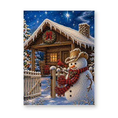 Straight dimensional white-background mockup of the complete artwork — Snowman in a Cowboy Hat Beside a Christmas Cabin. Pearl diamond painting DIY kit by Isuvio.